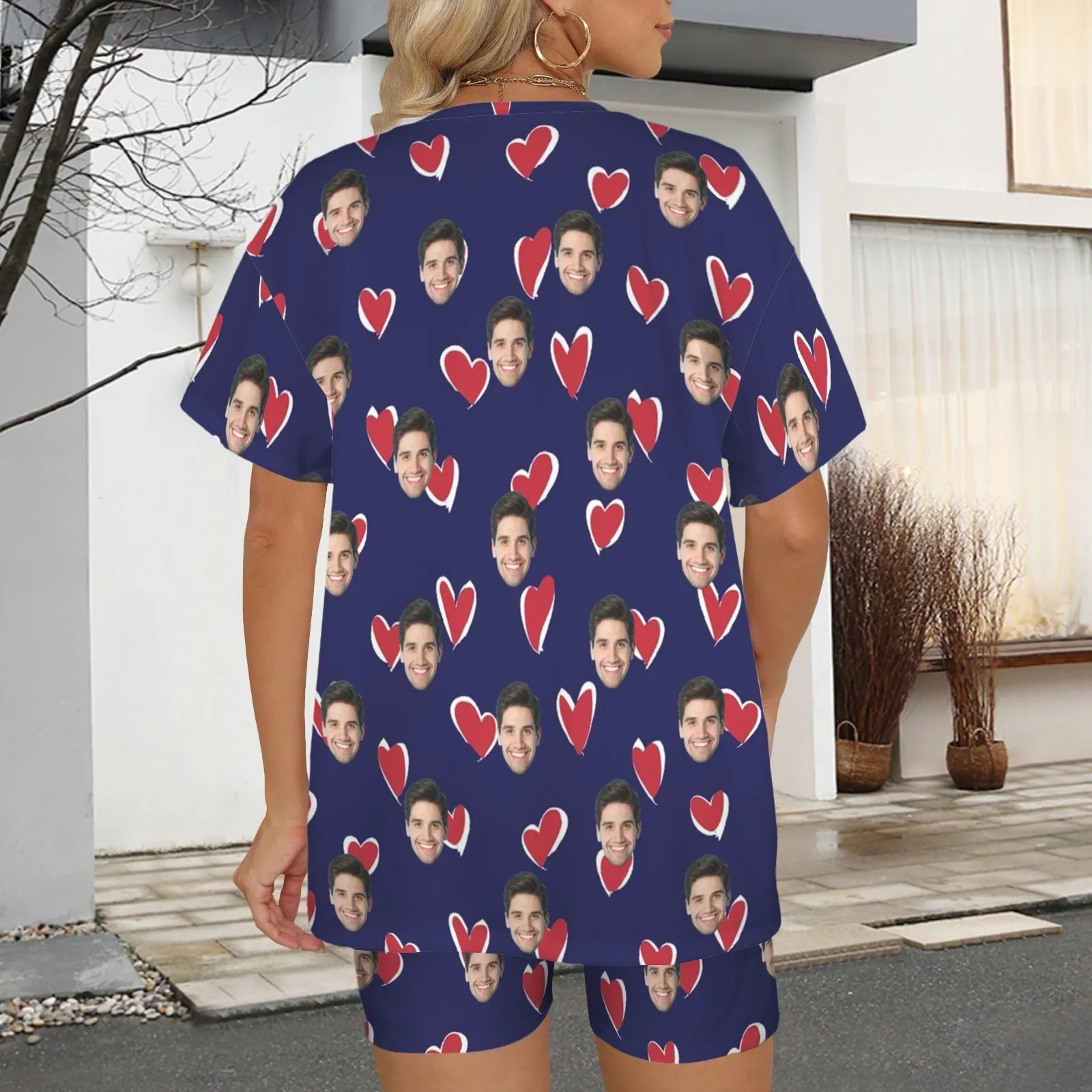 Plus Size Two-Piece Comfy Pajama Set For Women Custom Face Blue Short Sleeve Crew Neck Casual Loungewear