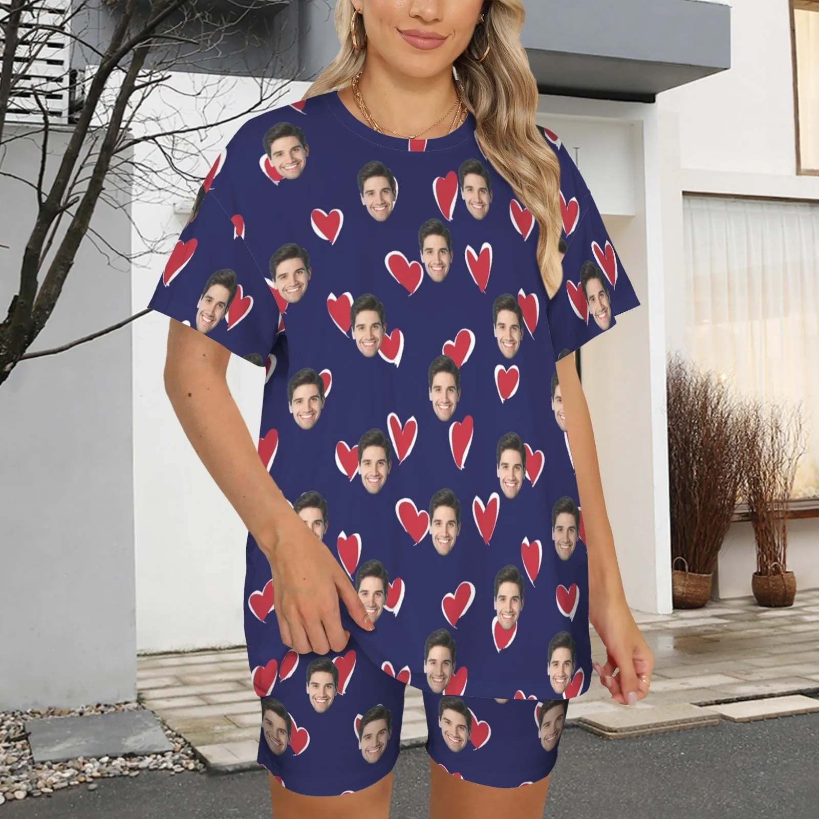 Plus Size Two-Piece Comfy Pajama Set For Women Custom Face Blue Short Sleeve Crew Neck Casual Loungewear