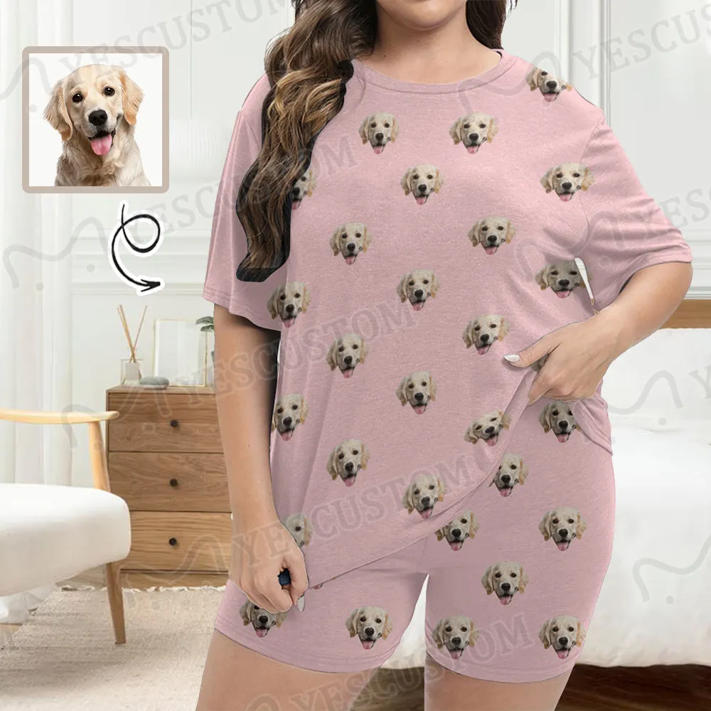 Plus Size Two-Piece Comfy Pajama Set For Women Custom Face Blue Short Sleeve Crew Neck Casual Loungewear
