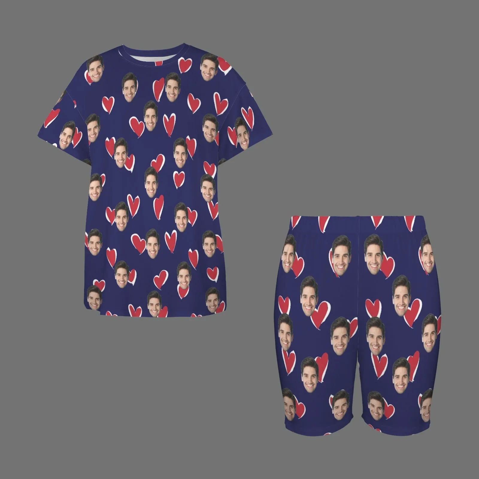Plus Size Two-Piece Comfy Pajama Set For Women Custom Face Blue Short Sleeve Crew Neck Casual Loungewear