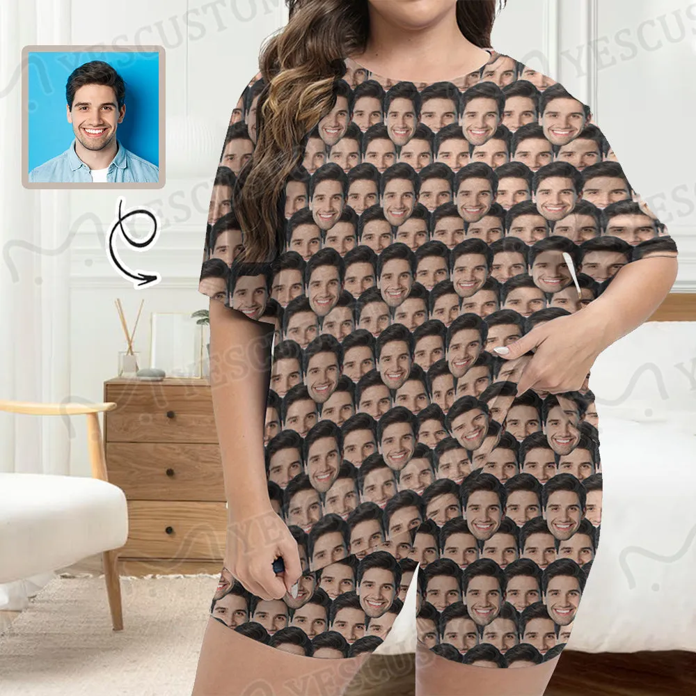 Plus Size Two-Piece Comfy Pajama Set For Women Custom Face Blue Short Sleeve Crew Neck Casual Loungewear
