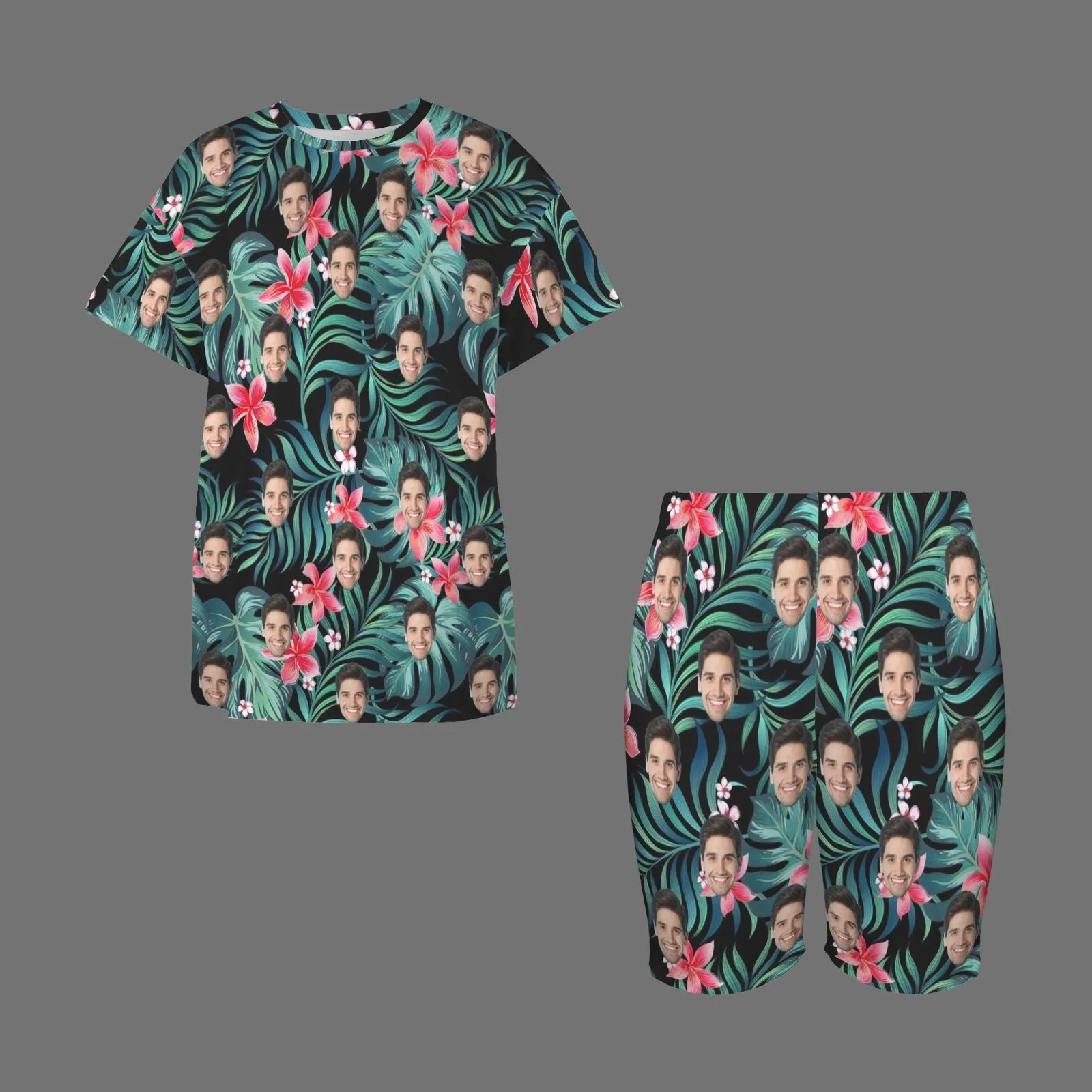 Plus Size Two-Piece Comfy Pajama Set For Women Custom Face Flowers&Leaves Short Sleeve Crew Neck Casual Loungewear
