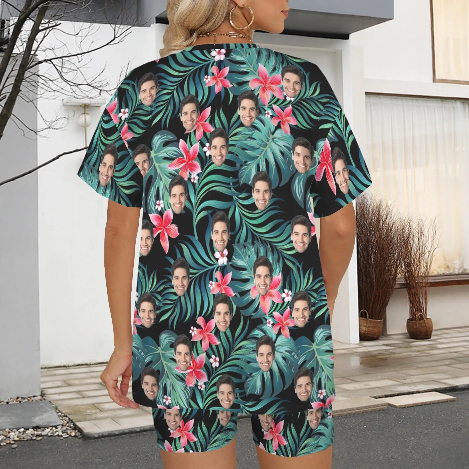 Plus Size Two-Piece Comfy Pajama Set For Women Custom Face Flowers&Leaves Short Sleeve Crew Neck Casual Loungewear