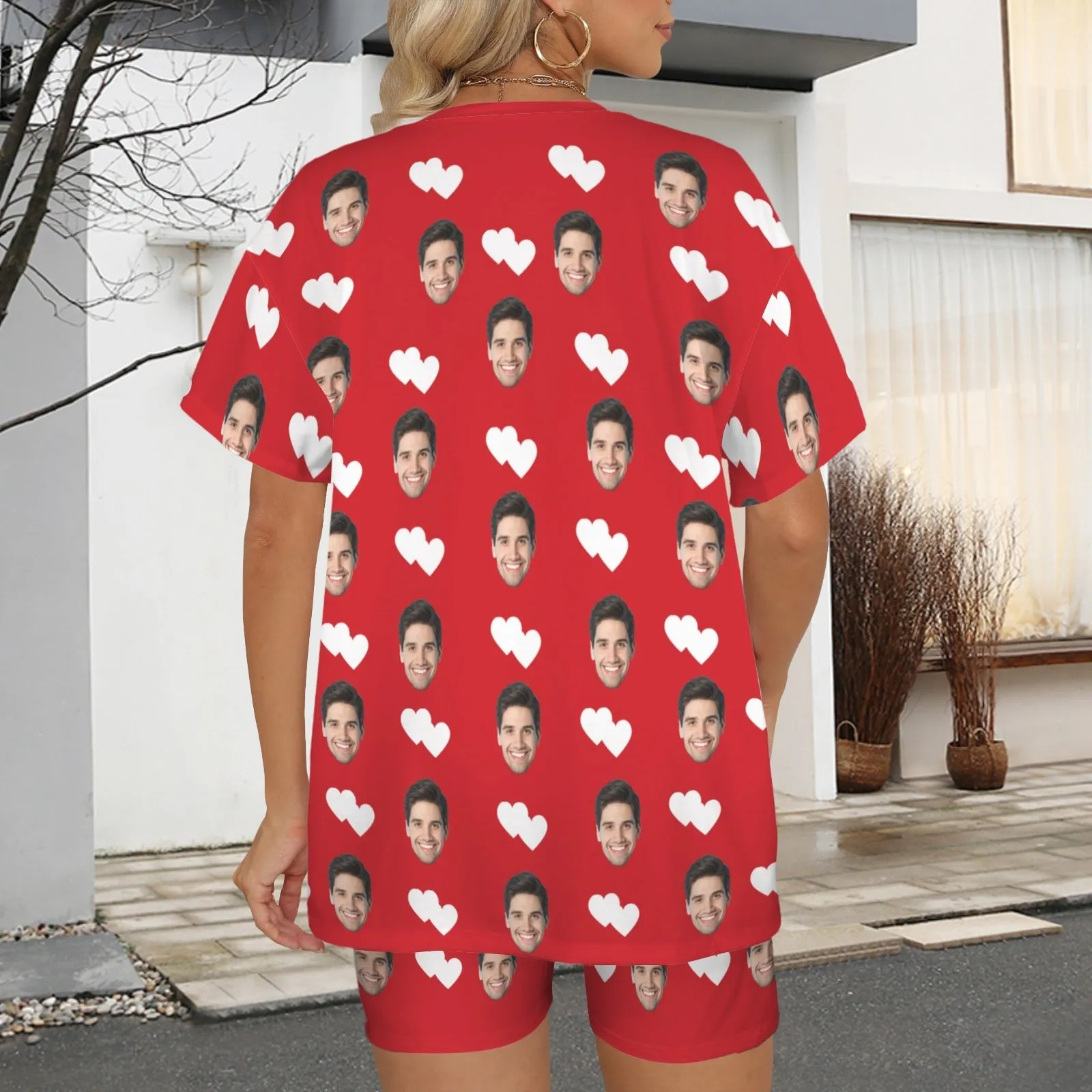 Plus Size Two-Piece Comfy Pajama Set For Women Custom Face Love Heart Short Sleeve Crew Neck Casual Loungewear