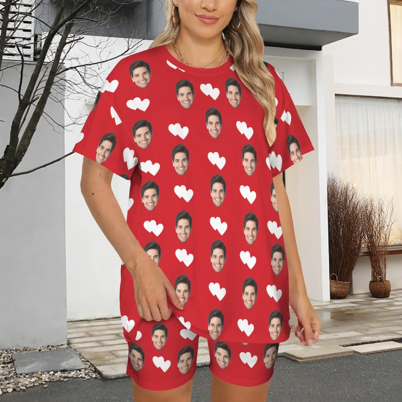 Plus Size Two-Piece Comfy Pajama Set For Women Custom Face Love Heart Short Sleeve Crew Neck Casual Loungewear