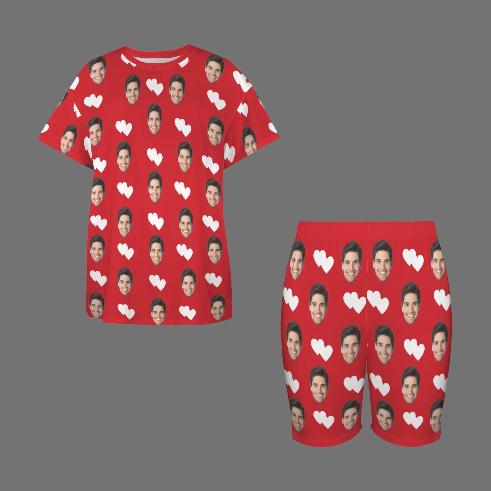 Plus Size Two-Piece Comfy Pajama Set For Women Custom Face Love Heart Short Sleeve Crew Neck Casual Loungewear