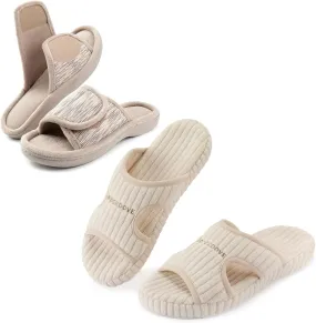 RockDove Set of 2 Pairs - Women's Adjustable Memory Foam Slipper (Size L,Beige) Ribbed Corduroy Slipper (Size 10,White)