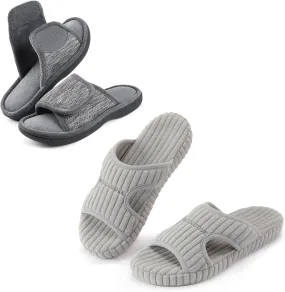 RockDove Set of 2 Pairs - Women's Adjustable Memory Foam Slipper (Size L,Gray) Ribbed Corduroy Slipper (Size 9,Gray)