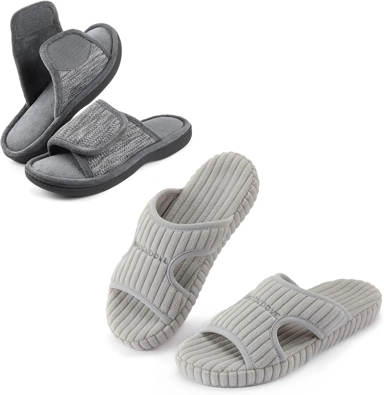 RockDove Set of 2 Pairs - Women's Adjustable Memory Foam Slipper (Size L,Gray) Ribbed Corduroy Slipper (Size 9,Gray)