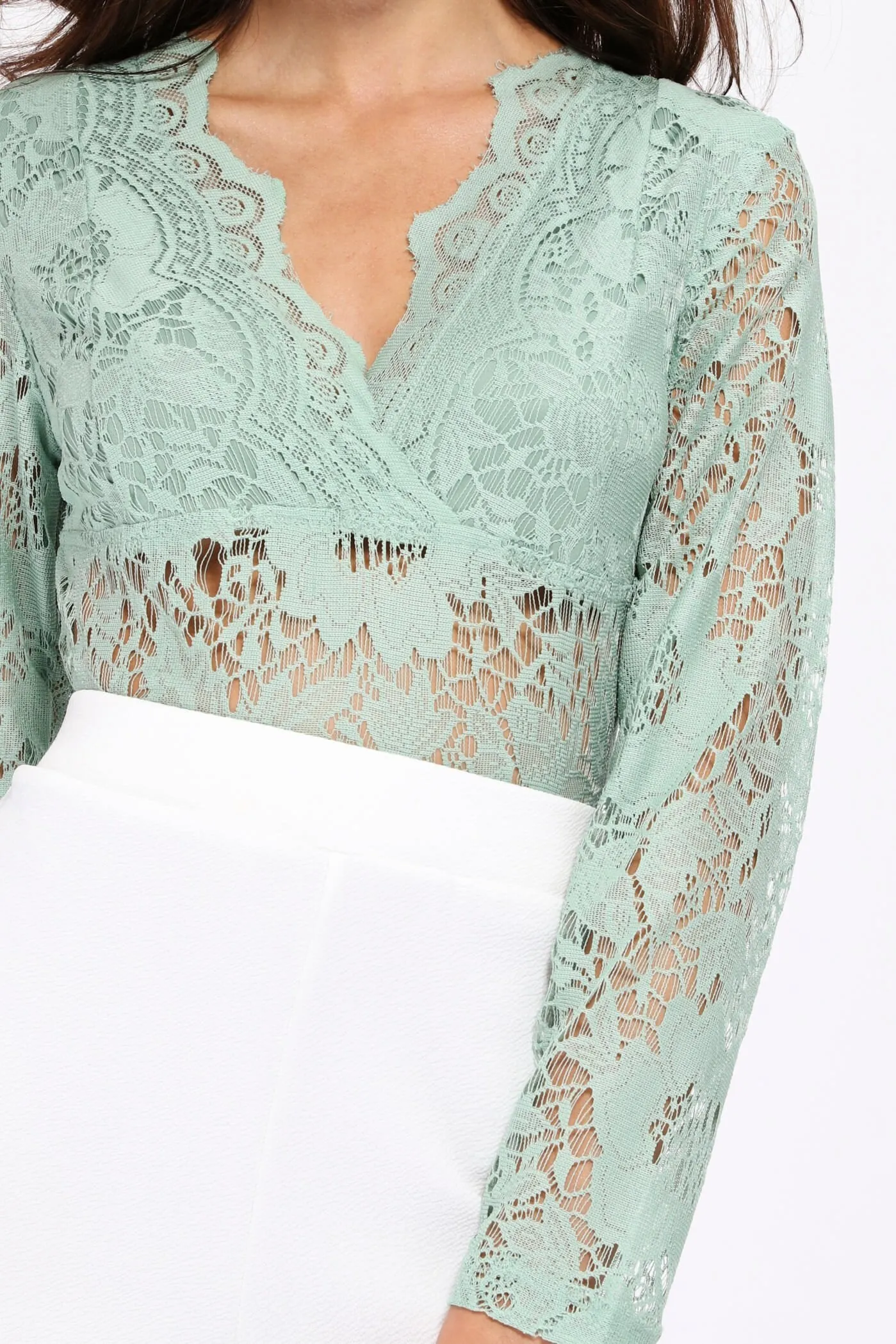 Sage Scallop Long Sleeved Lace Bodysuit