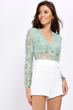 Sage Scallop Long Sleeved Lace Bodysuit