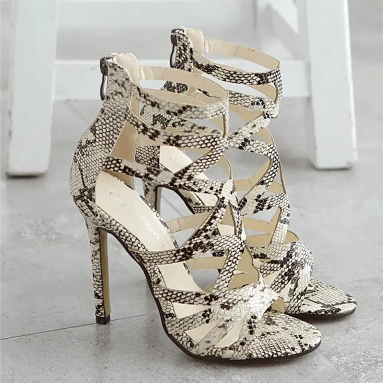 Snake Print Stiletto Heel Ankle Strap Peep-toe Summer Sandals