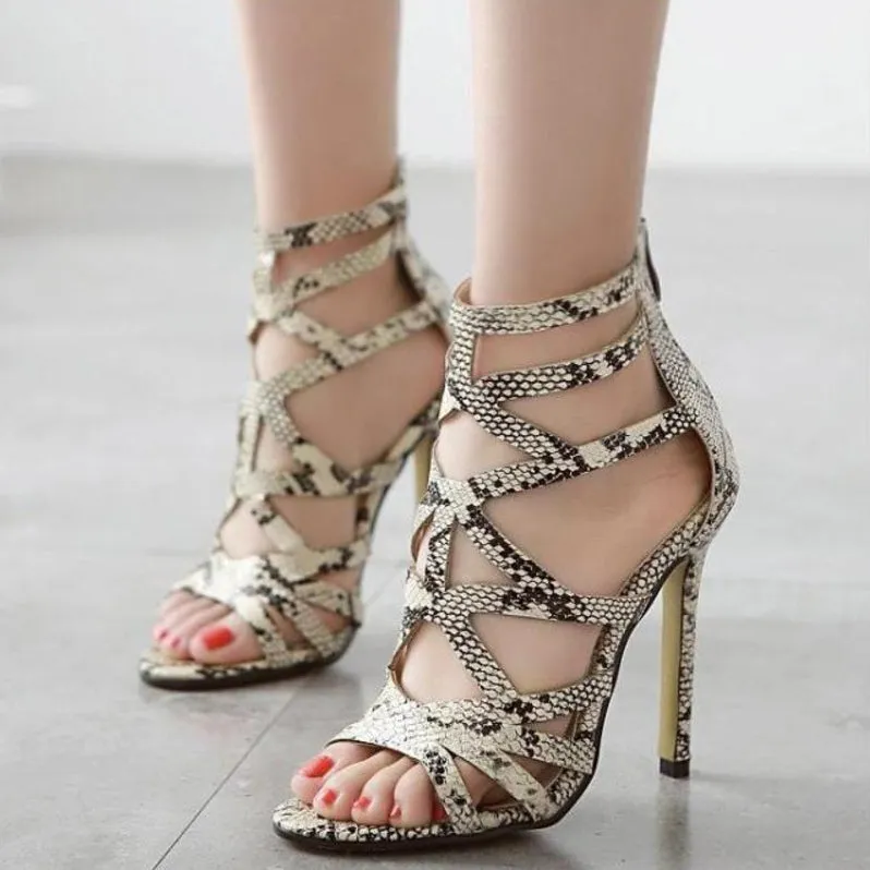 Snake Print Stiletto Heel Ankle Strap Peep-toe Summer Sandals