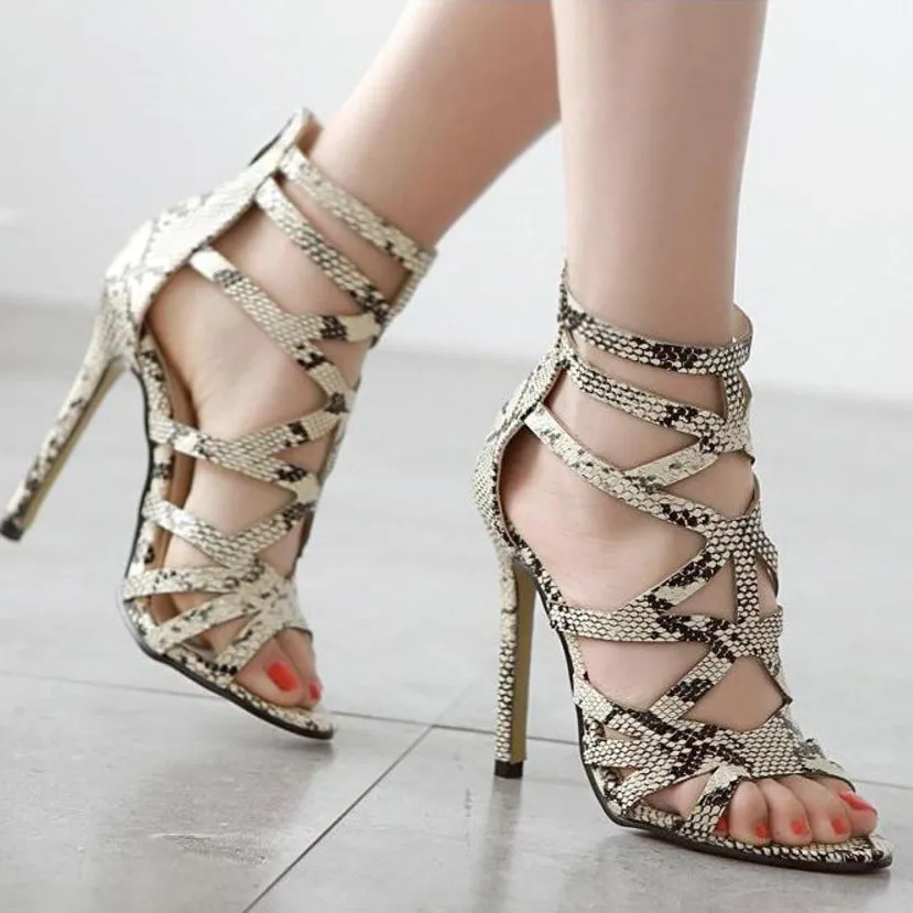 Snake Print Stiletto Heel Ankle Strap Peep-toe Summer Sandals