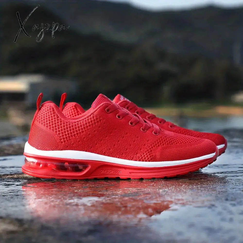 Spring & Summer Ready: Men's Solid Color Knitted Sneakers - Air-Cushioned, Lace-Up for Ultimate Comfort in Running & Gym Activities