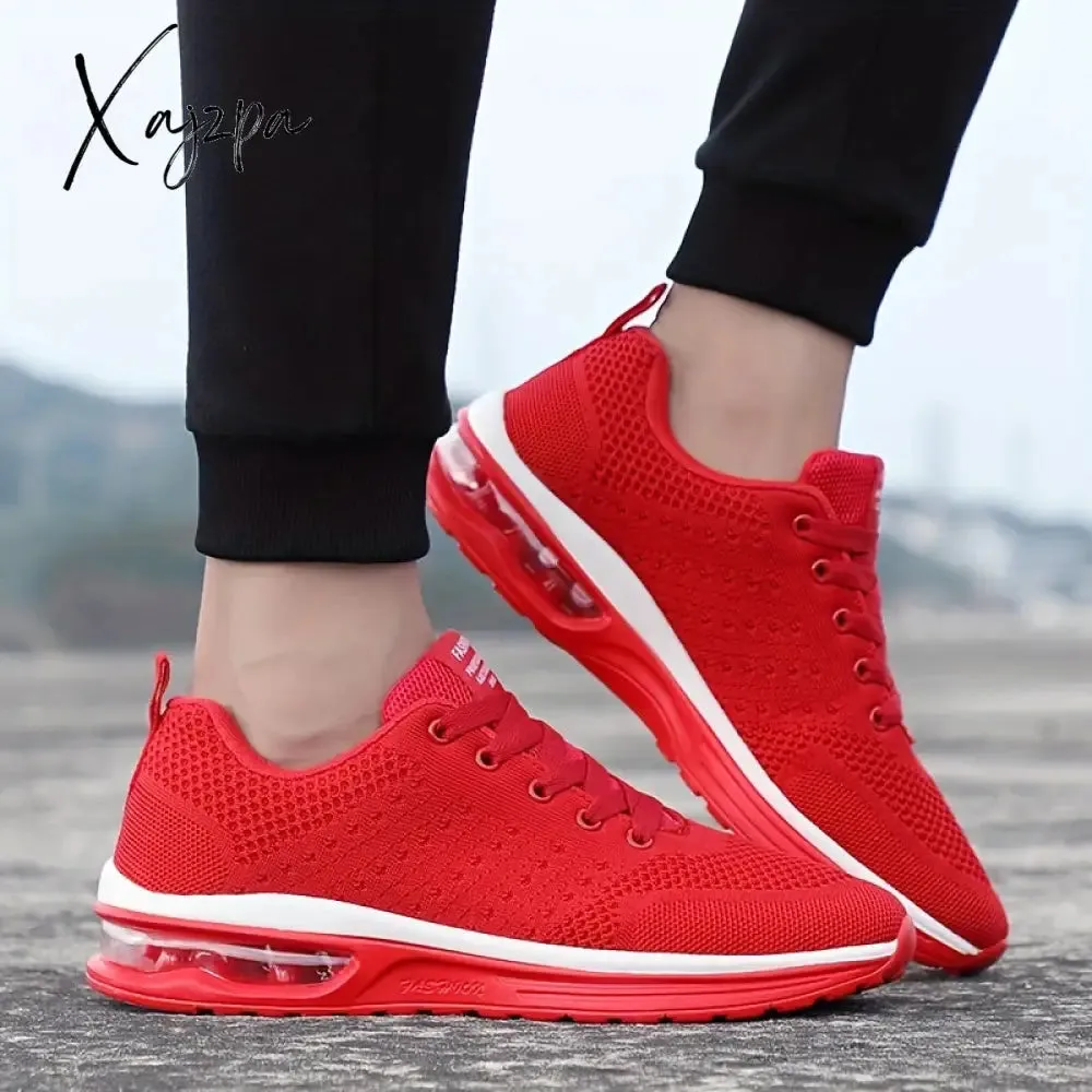 Spring & Summer Ready: Men's Solid Color Knitted Sneakers - Air-Cushioned, Lace-Up for Ultimate Comfort in Running & Gym Activities