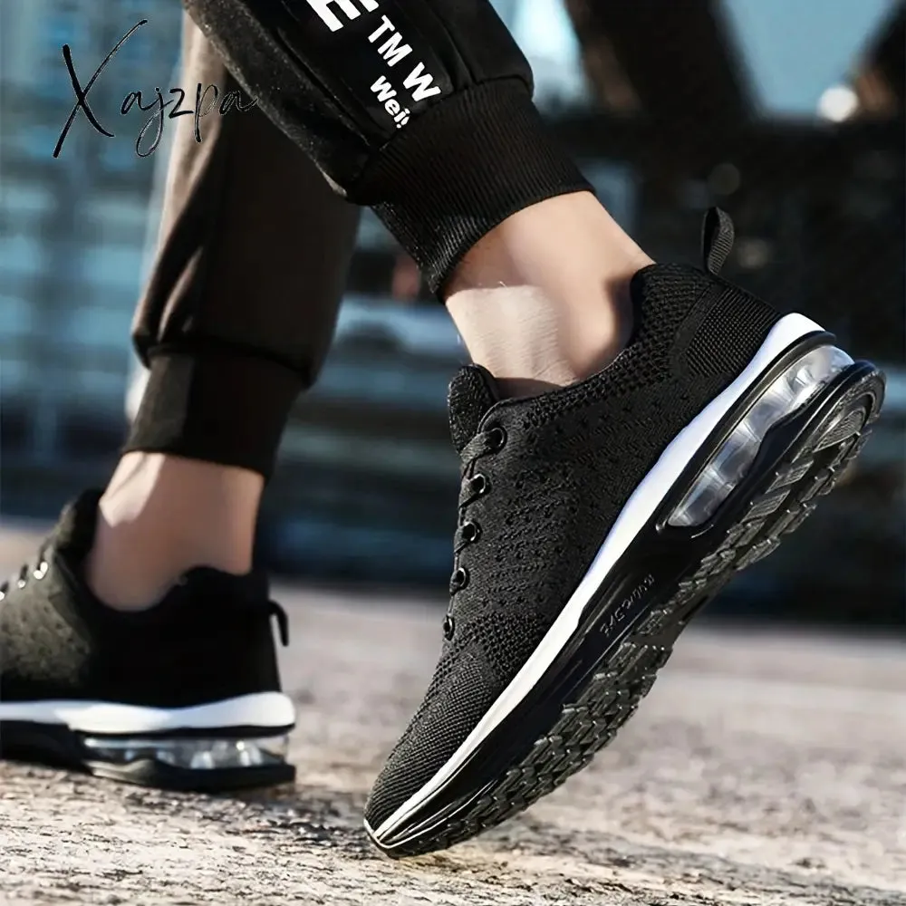 Spring & Summer Ready: Men's Solid Color Knitted Sneakers - Air-Cushioned, Lace-Up for Ultimate Comfort in Running & Gym Activities