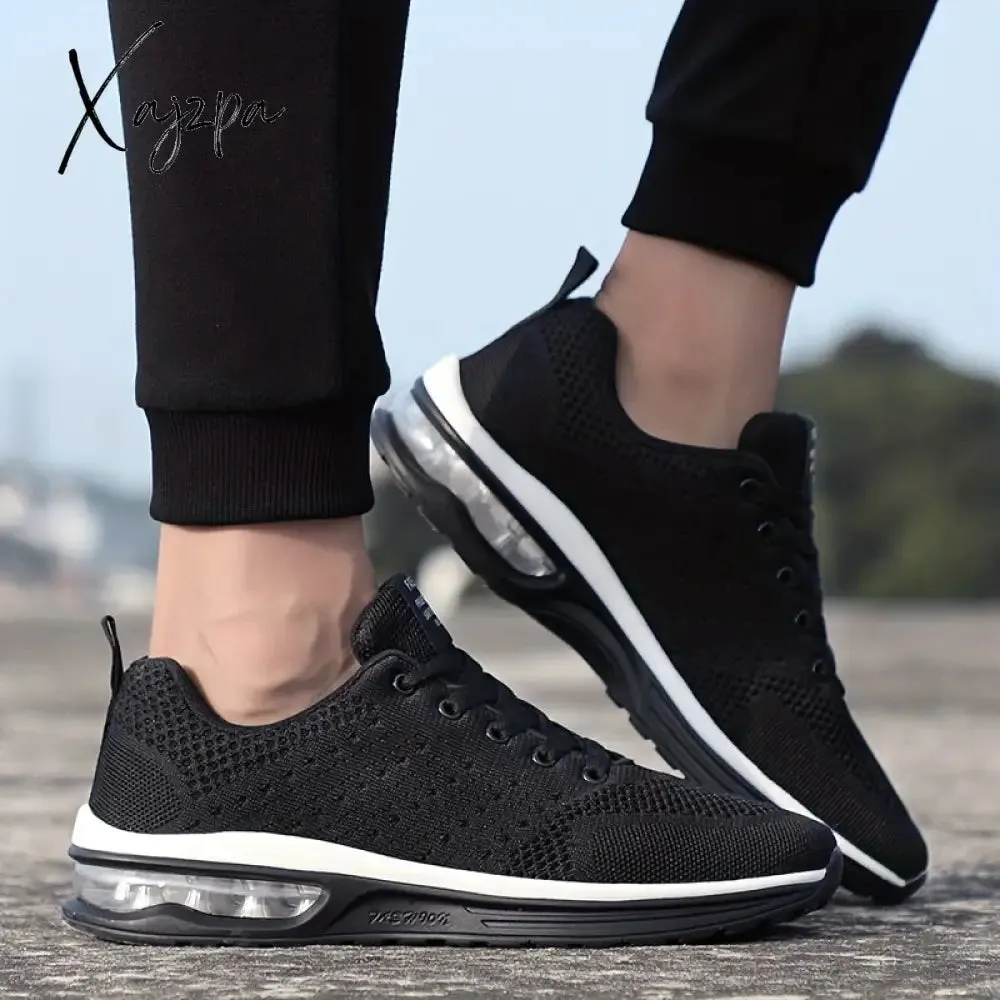 Spring & Summer Ready: Men's Solid Color Knitted Sneakers - Air-Cushioned, Lace-Up for Ultimate Comfort in Running & Gym Activities