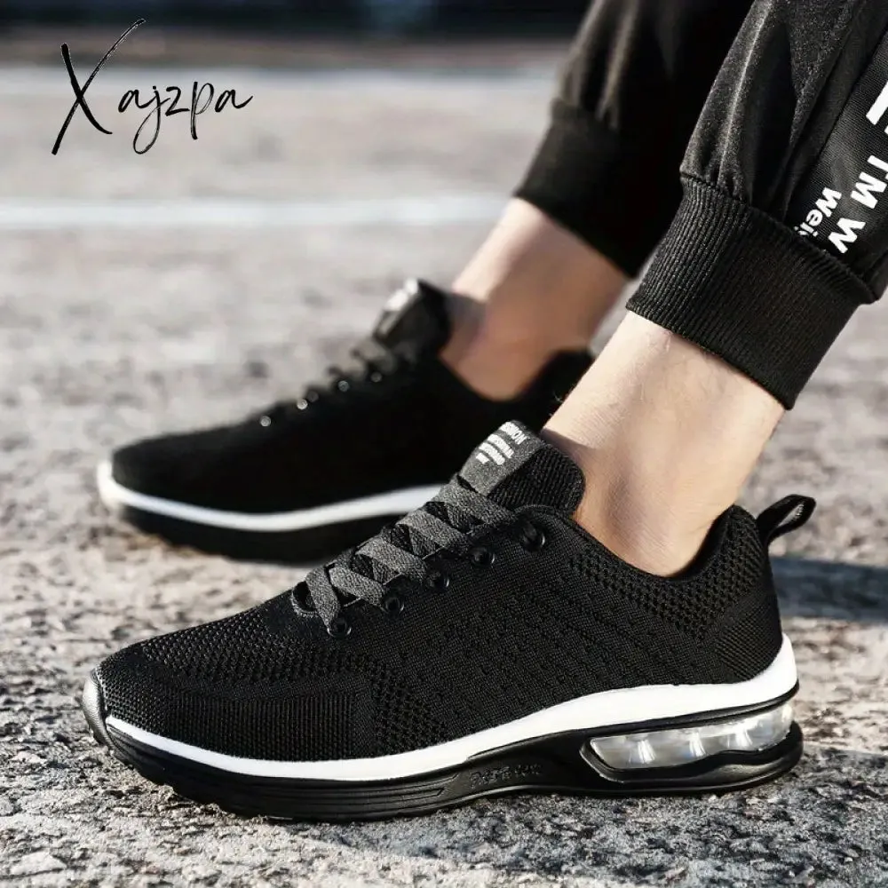 Spring & Summer Ready: Men's Solid Color Knitted Sneakers - Air-Cushioned, Lace-Up for Ultimate Comfort in Running & Gym Activities