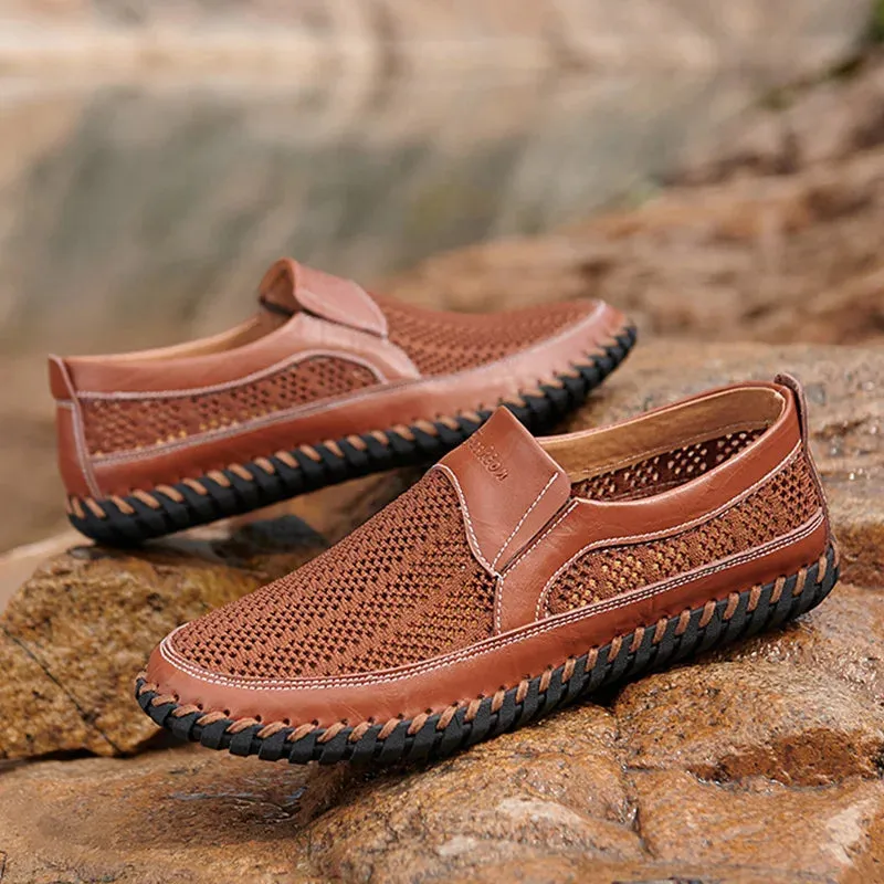 Summer Genuine Leather Men Flat Breathable Mesh Shoes