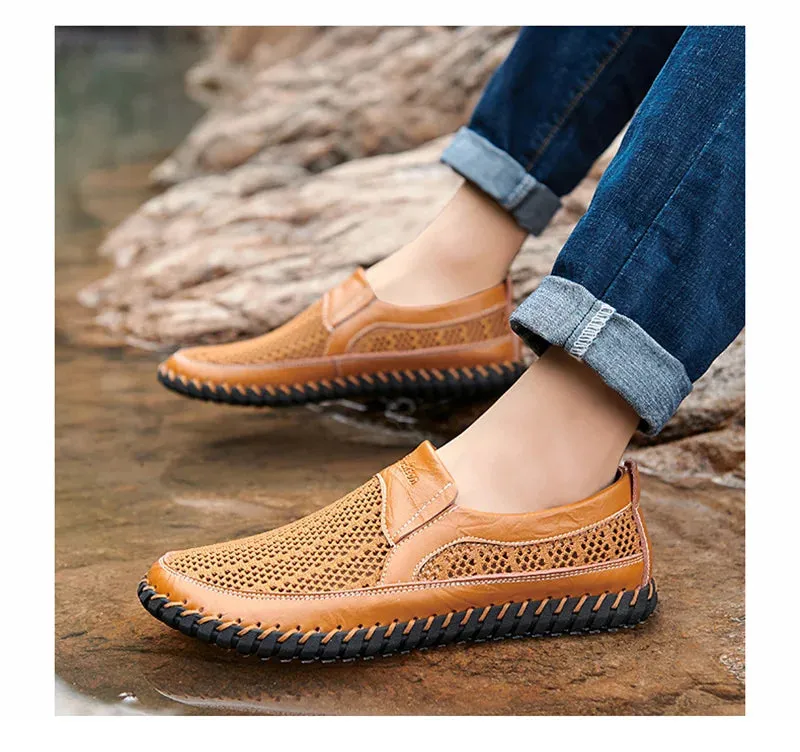 Summer Genuine Leather Men Flat Breathable Mesh Shoes