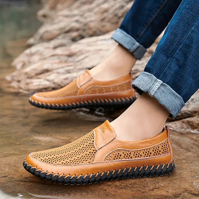 Summer Genuine Leather Men Flat Breathable Mesh Shoes