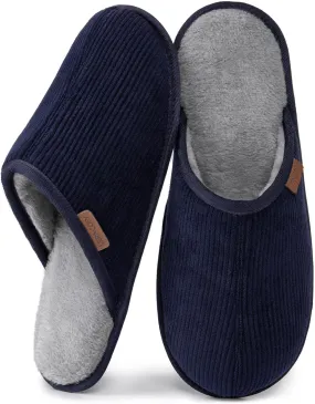 VeraCosy Men's Comfy Corduroy Memory Foam Scuff Slippers Soft Faux Fur Lined House Shoes with Anti-Skid Lightweight Sole