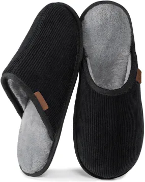 VeraCosy Men's Comfy Corduroy Memory Foam Scuff Slippers Soft Faux Fur Lined House Shoes with Anti-Skid Lightweight Sole
